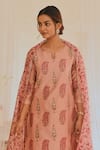 KARAJ JAIPUR_Pink Kurta And Dupatta Chanderi Block Print Floral Notched Set _at_Aza_Fashions