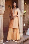 Buy_KARAJ JAIPUR_Peach Kurta And Dupatta- Chanderi Embroidered Gota Round Set With _Online_at_Aza_Fashions