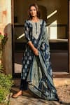 Buy_KARAJ JAIPUR_Blue Kurta And Dupatta- Chanderi Embroidered Marodi Round Floral Print Set _at_Aza_Fashions