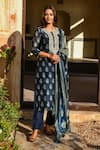 KARAJ JAIPUR_Blue Kurta And Dupatta- Chanderi Embroidered Marodi Round Floral Print Set _Online_at_Aza_Fashions