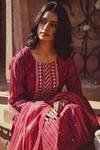 Shop_KARAJ JAIPUR_Magenta Kurta And Dupatta- Chanderi Embroidered Gota Stripe Print Set For Women_Online_at_Aza_Fashions