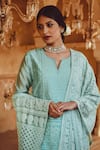 Karaj Jaipur_Green Dupatta Chiffon, Kurta Chanderi, Pant Cotton Thread Embroidered Set _at_Aza_Fashions