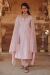 Buy_KARAJ JAIPUR_Pink Kurta And Dupatta Chanderi Embroidered Gota Notched Pant Set _Online_at_Aza_Fashions