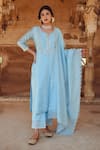 Buy_KARAJ JAIPUR_Blue Kurta And Dupatta Chanderi Embroidered Gota Notched Pant Set _at_Aza_Fashions