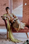 KARAJ JAIPUR_Green Kurta And Pant- Silk Velvet Printed Floral V Neck Set _Online_at_Aza_Fashions