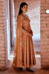 KARAJ JAIPUR_Peach Anarkali And Pant- Silk Velvet Printed Floral Round Set _Online_at_Aza_Fashions