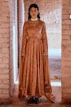 Buy_KARAJ JAIPUR_Peach Anarkali And Pant- Silk Velvet Printed Floral Round Set _Online_at_Aza_Fashions