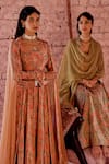 Shop_KARAJ JAIPUR_Peach Anarkali And Pant- Silk Velvet Printed Floral Round Set _Online_at_Aza_Fashions