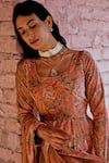 KARAJ JAIPUR_Peach Anarkali And Pant- Silk Velvet Printed Floral Round Set _at_Aza_Fashions