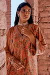 Shop_KARAJ JAIPUR_Peach Kurta And Pant- Silk Velvet Printed Floral V Neck Set _Online_at_Aza_Fashions