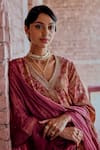 Shop_KARAJ JAIPUR_Pink Kurta And Pant- Silk Velvet Printed Floral V Neck Set _Online_at_Aza_Fashions