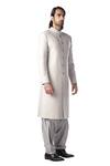 Kommal Sood_Grey Cotton Silk Band Collar Sherwani Set  _Online_at_Aza_Fashions