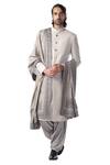 Buy_Kommal Sood_Grey Cotton Silk Front Button Down Sherwani Set  _at_Aza_Fashions