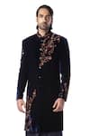 Shop_Kommal Sood_Blue Velvet, Cotton Silk Sherwani And Kurta Set_Online_at_Aza_Fashions