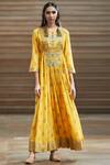 Buy_Ritu Kumar_Yellow Viscose Round Floral Print Flared Long Kurta _at_Aza_Fashions