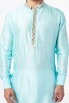 Spring Break_Blue Silk, Cotton Embroidery Mandarin Collar Kurta Set For Kids_Online_at_Aza_Fashions