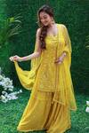 Buy_Archana Kochhar_Yellow Sharara Georgette Kurta Raw Silk Dupatta Net Mirror Sunshine Set _at_Aza_Fashions