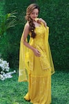 Shop_Archana Kochhar_Yellow Sharara Georgette Kurta Raw Silk Dupatta Net Mirror Sunshine Set _at_Aza_Fashions