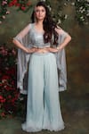 Buy_Archana Kochhar_Blue Palazzo Georgette Blouse Raw Silk Jacket Net Embroidered And Set _at_Aza_Fashions