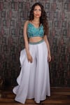 Buy_Archana Kochhar_White Blouse Net And Satin Pant Scuba Resham Thread V Crop Top & Ruffle Set _at_Aza_Fashions