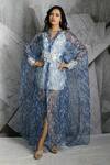 Buy_Archana Kochhar_Blue Organza, Textured Lycra Abstract Dress V Neck, Kaftan Open Print With _at_Aza_Fashions