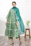 Buy_Samyukta Singhania_Green Pant Cotton Dupatta Kota Doriya Embroidery V Neck Printed Anarkali Set _at_Aza_Fashions