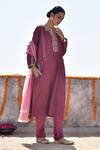 Buy_Kanika Sharma_Maroon Tussar, Cotton Satin, Cotton, Silk Embroidery Hand Kurta Set_at_Aza_Fashions