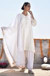 Buy_Kanika Sharma_White Kurta Tussar  Pant Satin Dupatta Hand Embroidered Set_at_Aza_Fashions