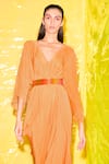 Kangana Trehan_Orange Crepe Silk Embroidery V Neck Draped Dress  _at_Aza_Fashions