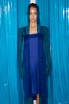 Kangana Trehan_Blue Textured Satin Embroidery Square Neck Layered Midi Dress  _Online_at_Aza_Fashions