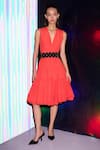 Buy_Kangana Trehan_Orange Crisp Taffeta Embroidery V Neck Tiered Dress With Belt  _at_Aza_Fashions