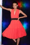 Kangana Trehan_Orange Crisp Taffeta Embroidery V Neck Tiered Dress With Belt  _Online_at_Aza_Fashions