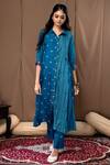 Buy_Label Kinjal Modi_Blue Cotton Silk Bandhani Collared Neck Tunic And Pant Set _at_Aza_Fashions