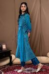 Shop_Label Kinjal Modi_Blue Cotton Silk Bandhani Collared Neck Tunic And Pant Set _at_Aza_Fashions