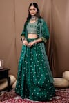 Buy_Label Kinjal Modi_Green Cotton Silk Printed Bandhani Bustier U-neck Cape Lehenga Set With _at_Aza_Fashions