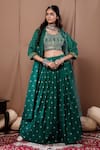 Shop_Label Kinjal Modi_Green Cotton Silk Printed Bandhani Bustier U-neck Cape Lehenga Set With _at_Aza_Fashions