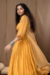 Shop Label Kinjal Modi Yellow Cotton Silk Bandhani Cape Collar Bustier Sweetheart Lehenga Set With at Aza Fashions Shop_Label Kinjal Modi_Yellow Cotton Silk Bandhani Cape Collar Bustier Sweetheart Lehenga Set With _at_Aza_Fashions