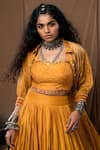 Label Kinjal Modi Yellow Cotton Silk Bandhani Cape Collar Bustier Sweetheart Lehenga Set With Online at Aza Fashions Label Kinjal Modi_Yellow Cotton Silk Bandhani Cape Collar Bustier Sweetheart Lehenga Set With _Online_at_Aza_Fashions