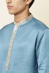 Spring Break_Blue Linen Satin Embroidered Kurta_at_Aza_Fashions