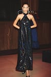 Shop_Kangana Trehan_Black Metallic Jersey Embellished Halter Neck Maxi Dress  _at_Aza_Fashions