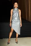 Buy_Kangana Trehan_Silver Metallic Jersey Embellished Halter Neck Dress  _Online_at_Aza_Fashions