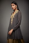 Shop_RI.Ritu Kumar_Grey Polyester Embroidery Band Collar Short Kurta _Online_at_Aza_Fashions