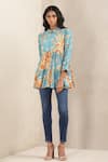 Buy_Ritu Kumar_Blue Viscose Silk Printed Floral Slim Collar Short Kurta_at_Aza_Fashions