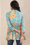 Shop_Ritu Kumar_Blue Viscose Silk Printed Floral Slim Collar Short Kurta_at_Aza_Fashions