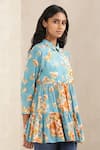 Ritu Kumar_Blue Viscose Silk Printed Floral Slim Collar Short Kurta_Online_at_Aza_Fashions