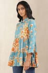 Buy_Ritu Kumar_Blue Viscose Silk Printed Floral Slim Collar Short Kurta_Online_at_Aza_Fashions