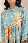 Shop_Ritu Kumar_Blue Viscose Silk Printed Floral Slim Collar Short Kurta_Online_at_Aza_Fashions