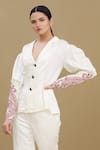 Buy_Kartikeya India_White Linen Satin Blend Embroidery Notched Lapel Bolero Top  _at_Aza_Fashions