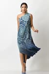 Buy_Kiran Uttam Ghosh_Blue Pleated Polyester Mix Batik Motifs One Shoulder Printed Dress _at_Aza_Fashions