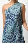 Shop_Kiran Uttam Ghosh_Blue Pleated Polyester Mix Batik Motifs One Shoulder Printed Dress _at_Aza_Fashions